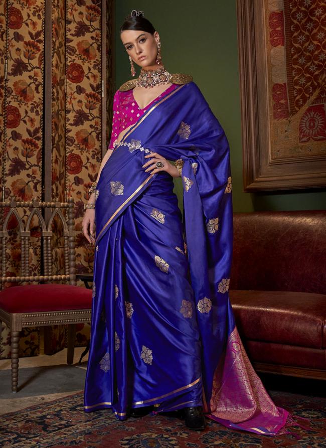 Pure Sattin Royal Blue Party Wear Weaving Saree